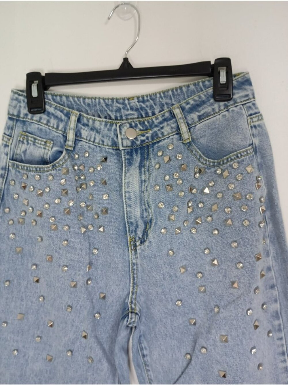 Studded Denim Jeans Rhinestone Details Size M High-Waisted Straight Leg - Picture 3 of 16